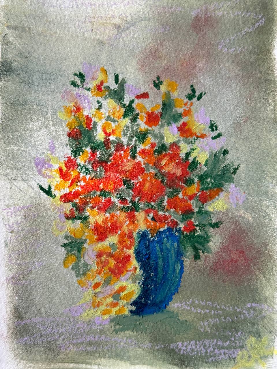 Floral artwork with a blue vase by Ella Kay
